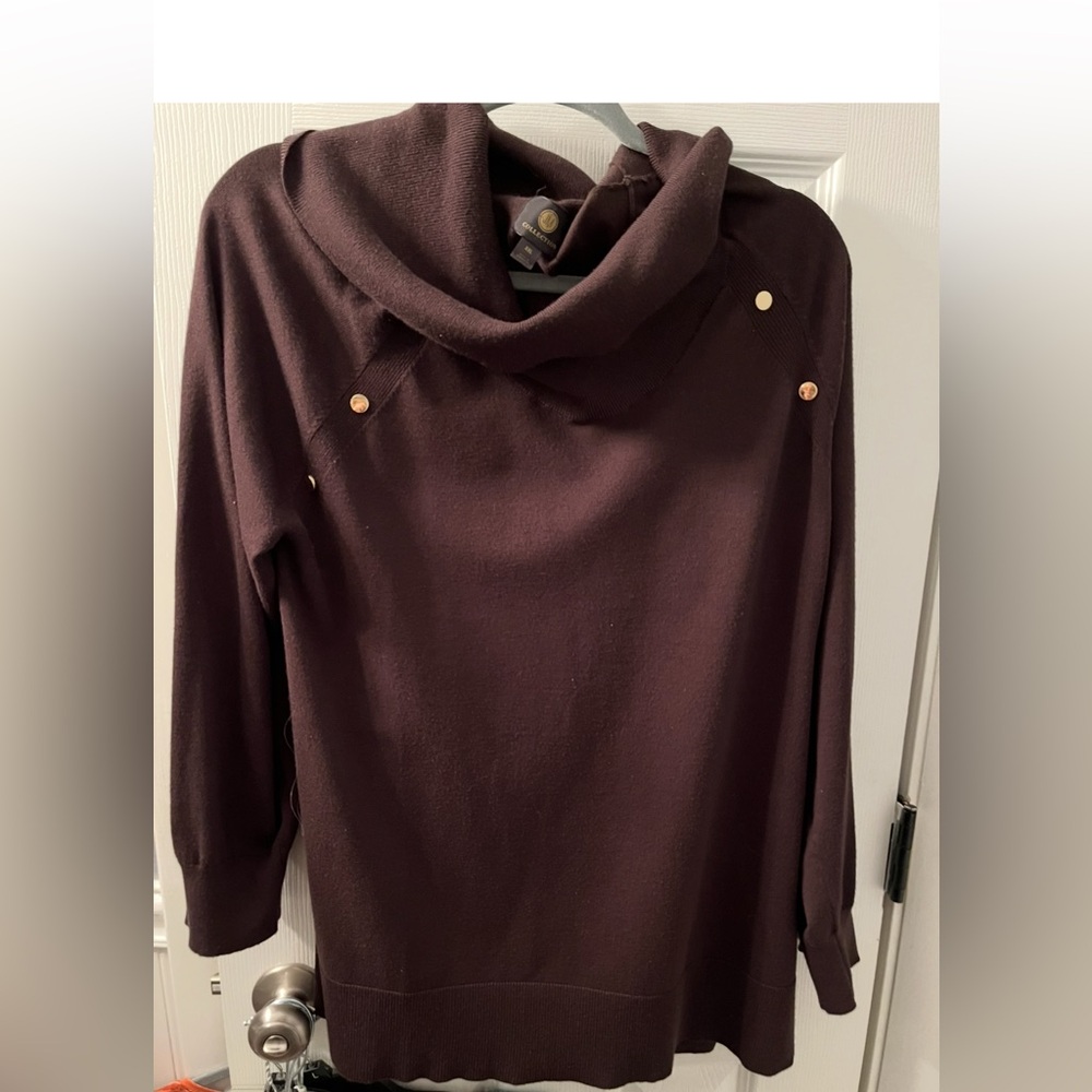 JM Collection Dark Brown Cowl Neck Sweater With gold button accents  Sz XL